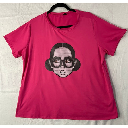 Shein Curve Graphic T-Shirt Women 1XL Hot Pink Pop Art Girl Glasses UU600-12