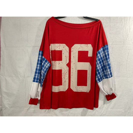 SHEIN Graphic 36 Top Women 0XL Red Plaid Colorblock Long Sleeve Sporty Jersey