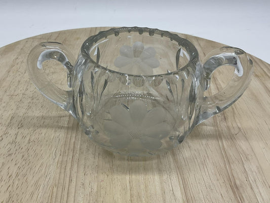 Vintage Clear Pressed Glass Sugar Bowl Round Floral Etched Double Handles Decor