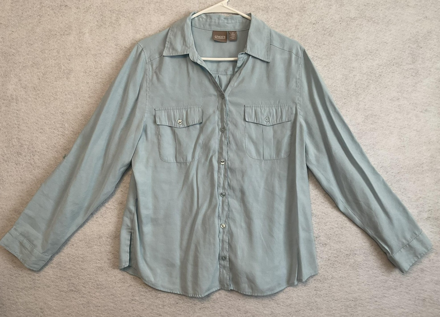 Chico's Shirt Womens 2 Blue Collared Button Front Roll Tab Sleeve Blouse Top