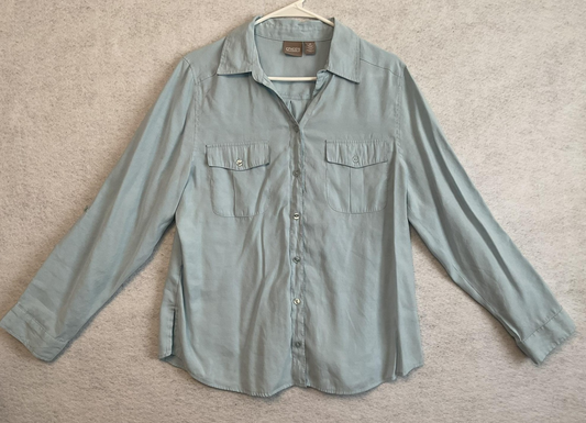 Chico's Shirt Womens 2 Blue Collared Button Front Roll Tab Sleeve Blouse Top