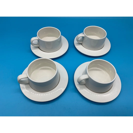 4pc White Porcelain Cup & Saucer Set Modern Minimalist Plain Glossy