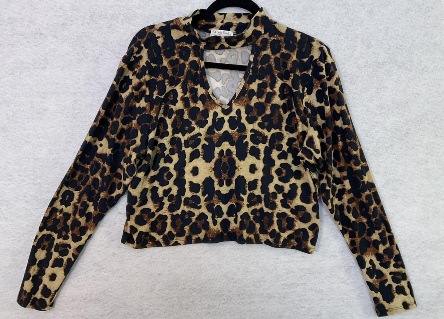 Full Circle Trends Blouse Womens 1X Brown Leopard Mock Neck Long Sleeve Crop