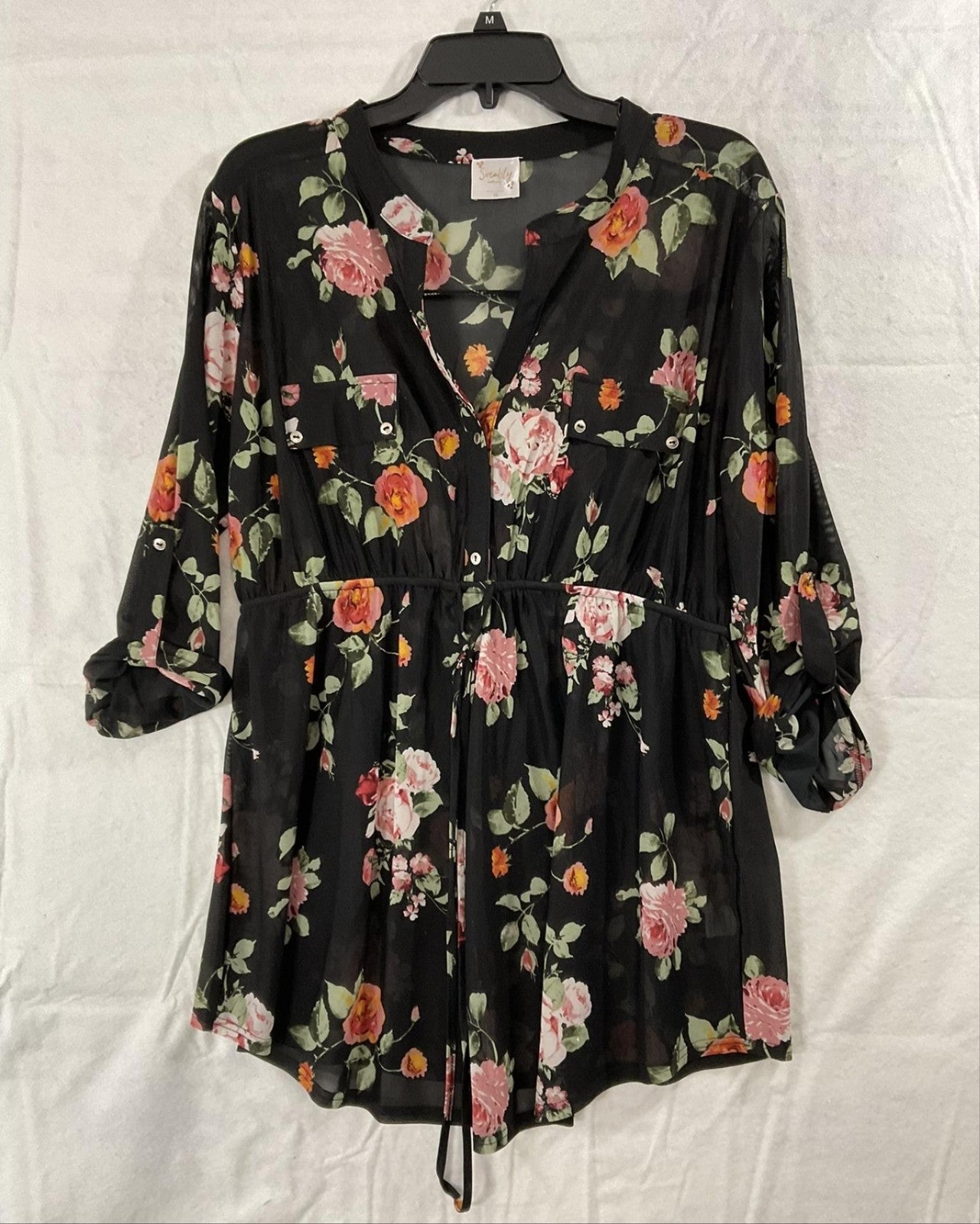 Sirenlily Dress Womens 1X Black Floral Chiffon Sheer 3/4 Roll Tab Maternity