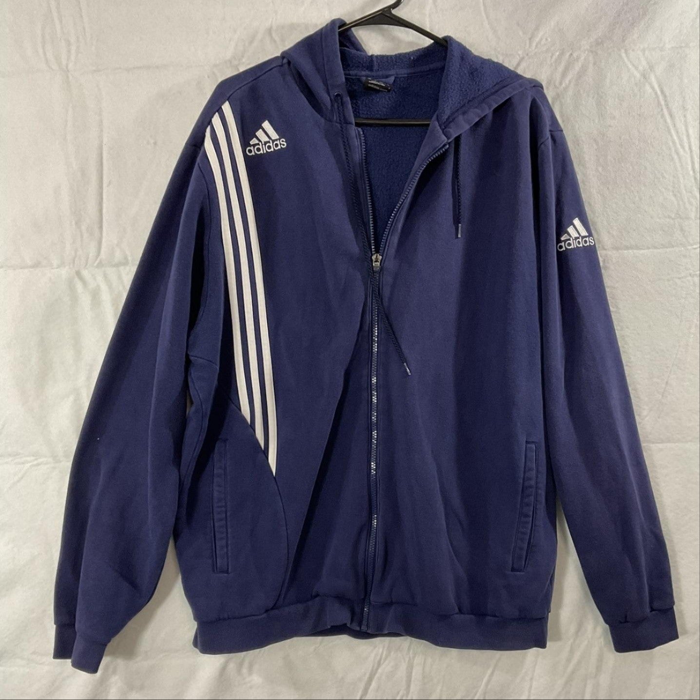 VTG Adidas Hoodie Men XL Blue Full Zip Fleece 3-Stripes Logo Sweatshirt Athletic