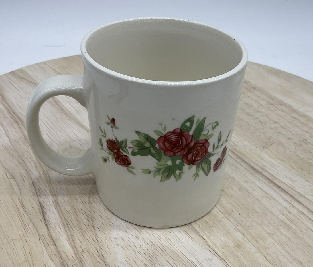 Porcelain Floral Rose Coffee Mug Cup White Red Green Vintage Style Kitchen