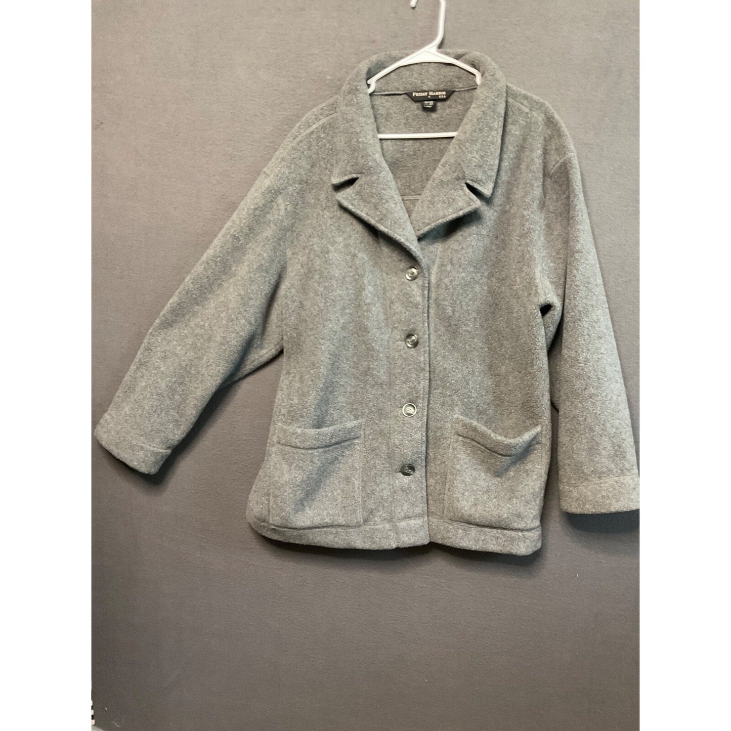 Friday Harbor USA Gray Fleece Jacket XL Button Front Pockets Soft Cozy Layer