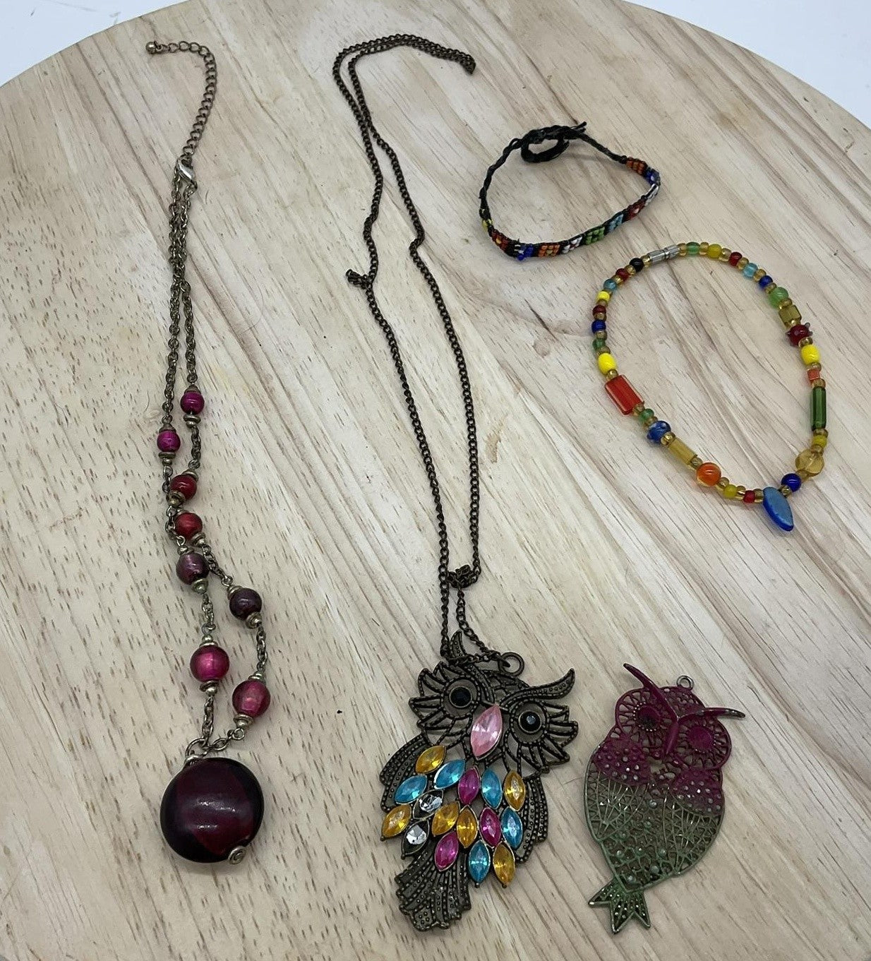 Lot 5 Womens Jewelry Owl Pendant Necklaces Beaded Bracelets Multicolor Boho
