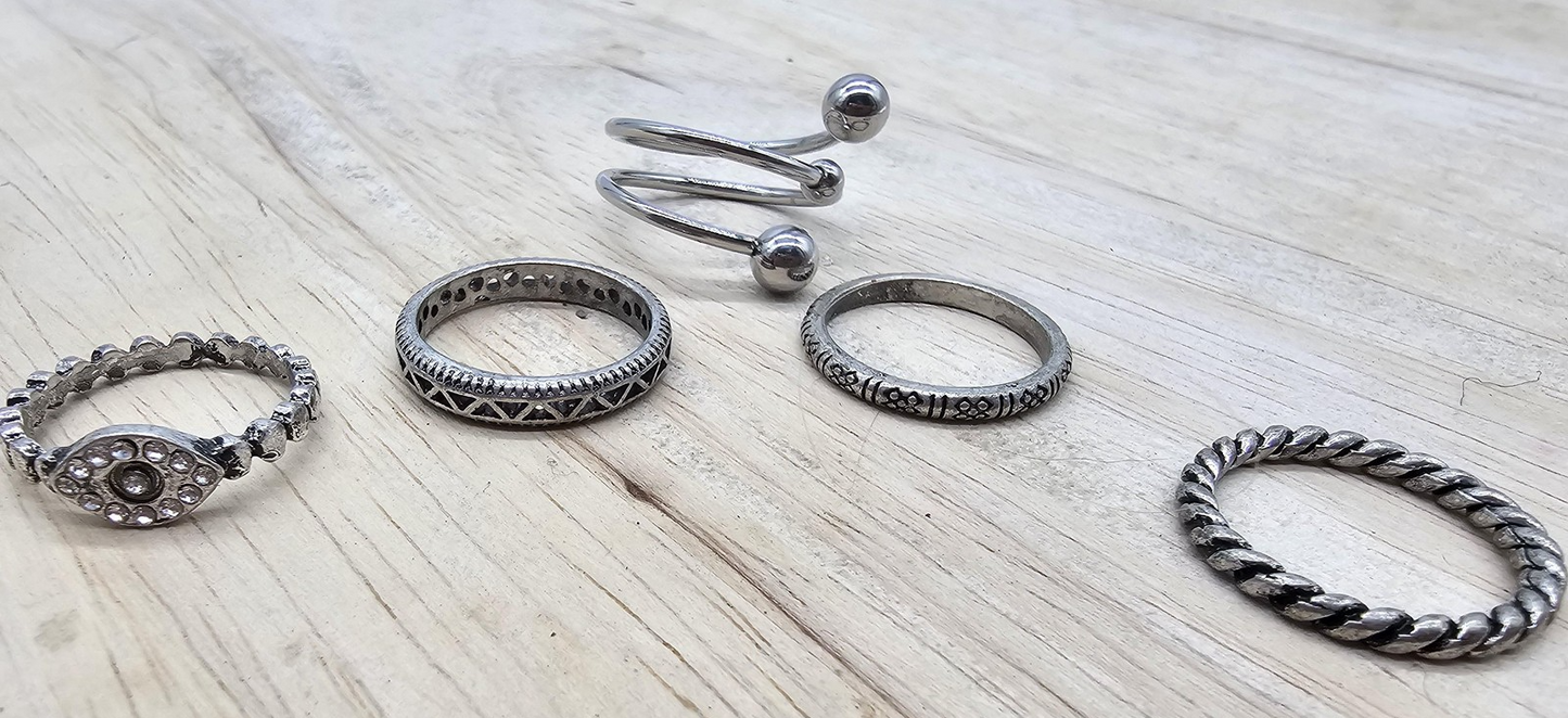 Silver Tone Lot 5 Rings Womens Size 6.5 - 8 Band Wrap Rhinestone Boho