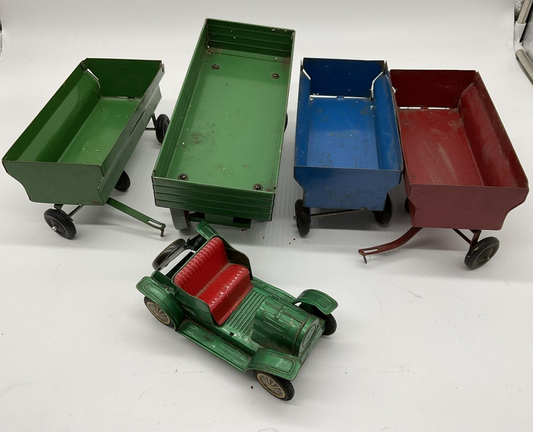 Vintage Tin Toy Trailer Lot 4 Farm Wagons Car Body Metal Multi Color Need Repair