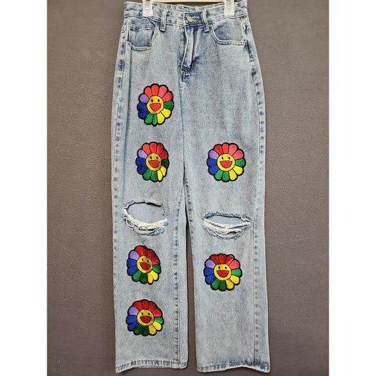 Vintage-Inspired Rainbow Flower Jeans L 25W 27L Straight Leg Ripped/Distressed
