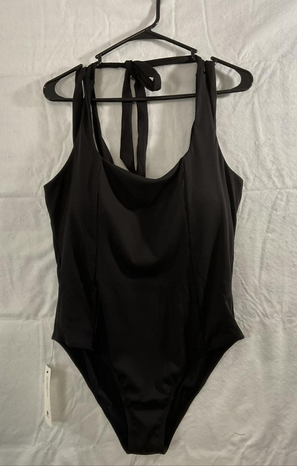 Saodimallsu Swimsuit Womens XL Black Ribbed One Piece Tie Back Adjustable Swim