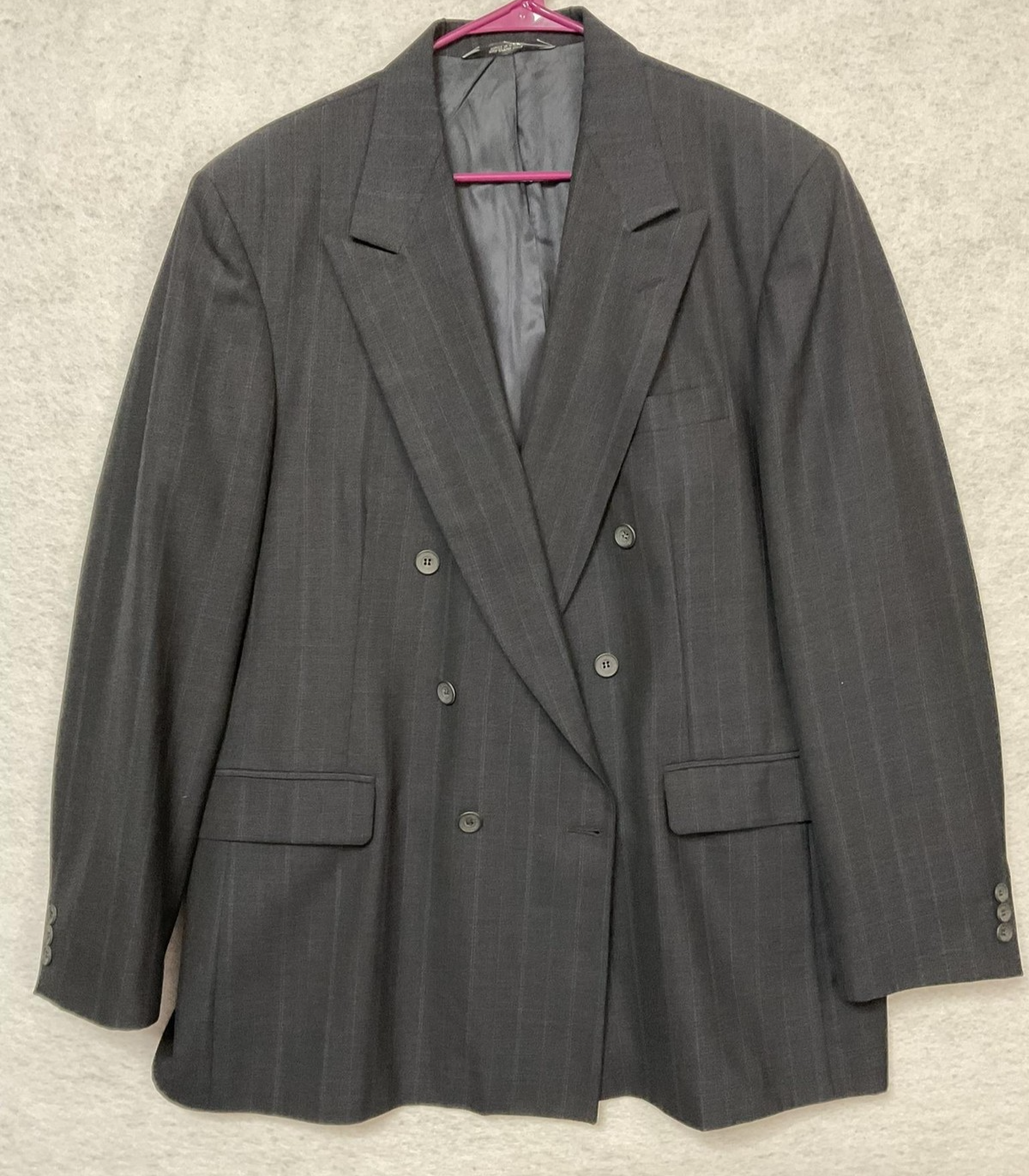 Haggar Suit Jacket Men 44L Gray Pinstripe Double Breasted Blazer Made USA Lined