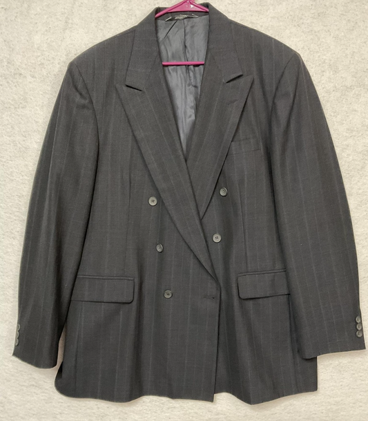 Haggar Suit Jacket Men 44L Gray Pinstripe Double Breasted Blazer Made USA Lined