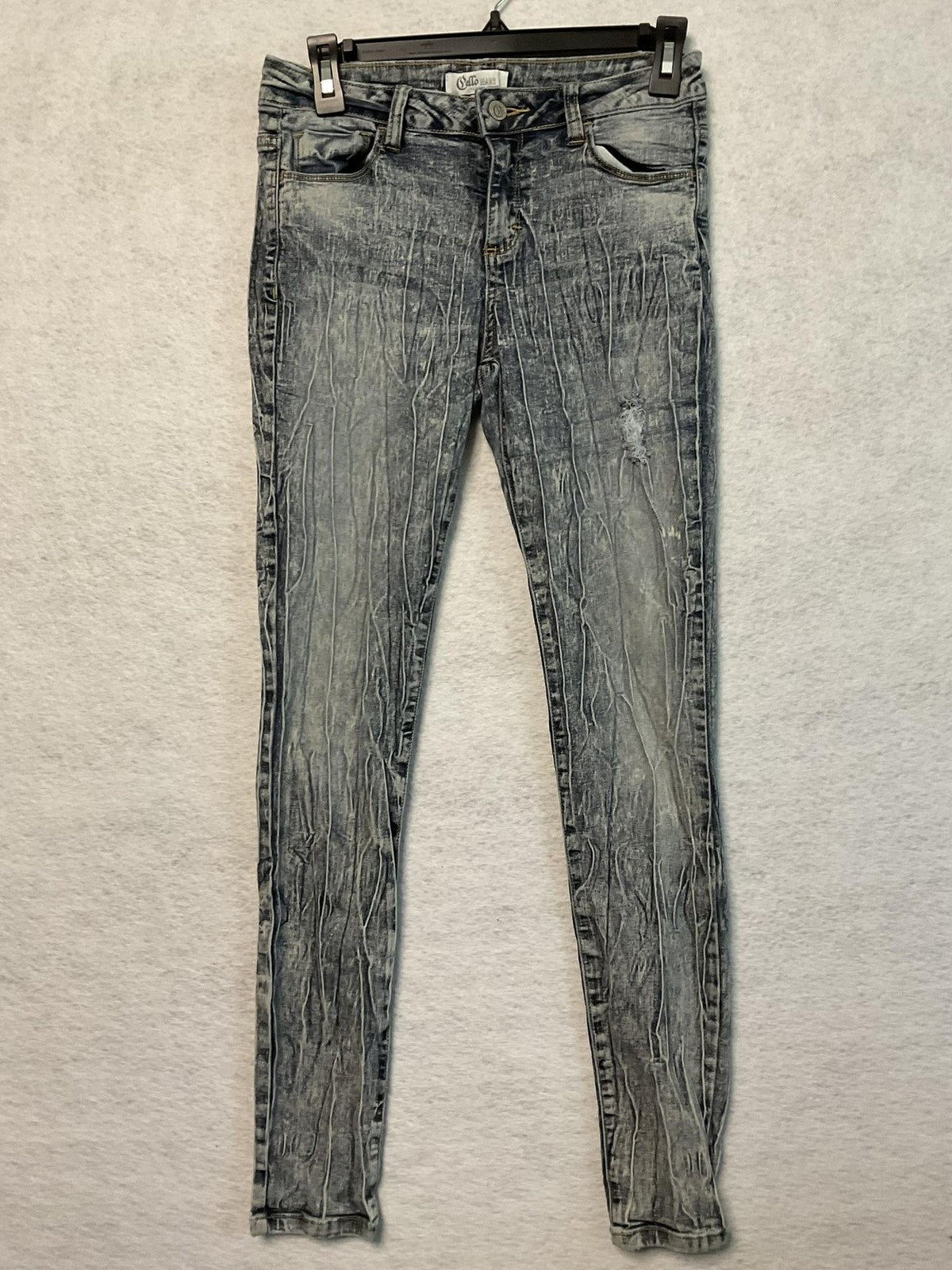 Cello Jeans Juniors 5 Gray Skinny Acid Wash Distressed Crinkle Wrinkle Faded
