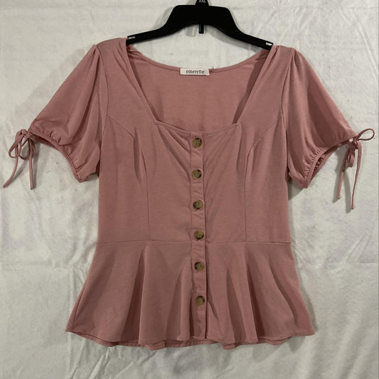 Emerette Blouse Womens Large Pink Button Front Ruffle Peplum Top Short Sleeve