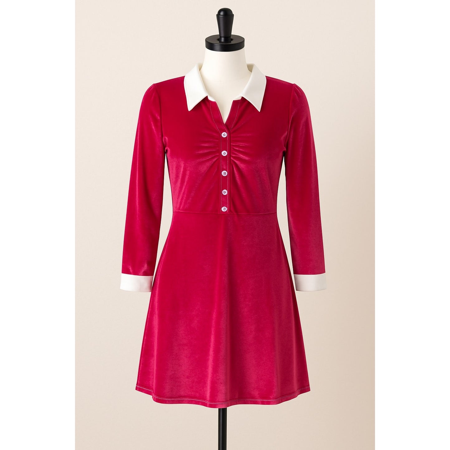 Allegra K Women’s Pink Velvet A-Line Dress With White Collar Size S Retro