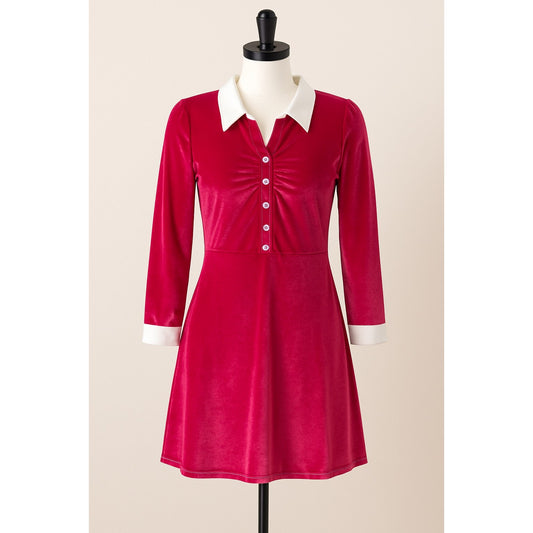 Allegra K Women’s Pink Velvet A-Line Dress With White Collar Size S Retro