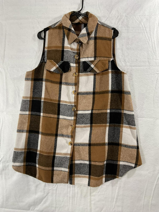Shein Shirt Womens 1XL Brown Black Plaid Flannel Sleeveless Button Up Tunic Top