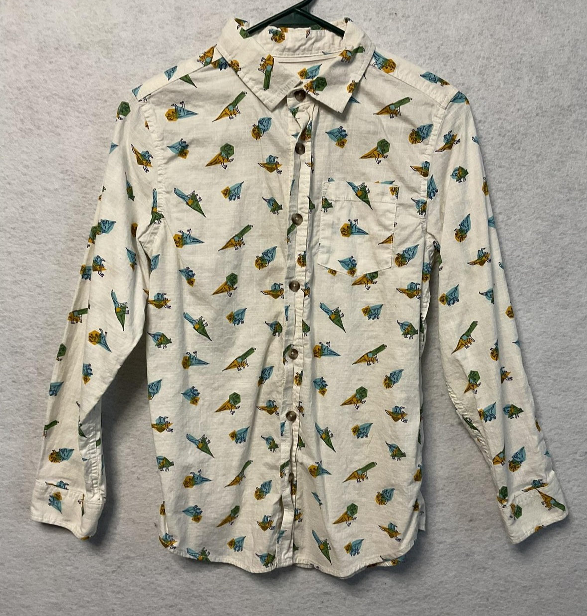 Cat & Jack Shirt Boys Large 12 14 White Dinosaur Print Button Front Cotton