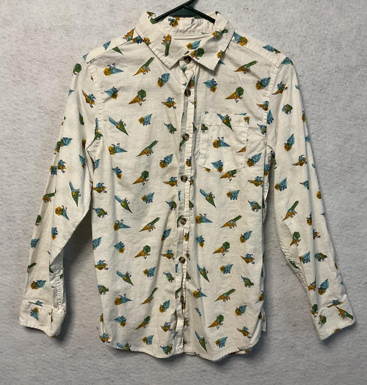 Cat & Jack Shirt Boys Large 12 14 White Dinosaur Print Button Front Cotton