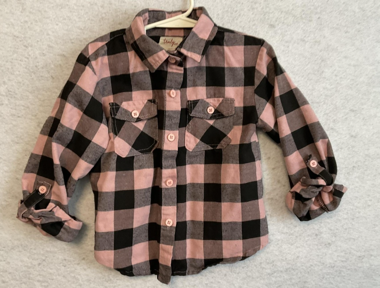 Truly Me Shirt Girls M Pink Buffalo Plaid Button Front Long Sleeve Flannel