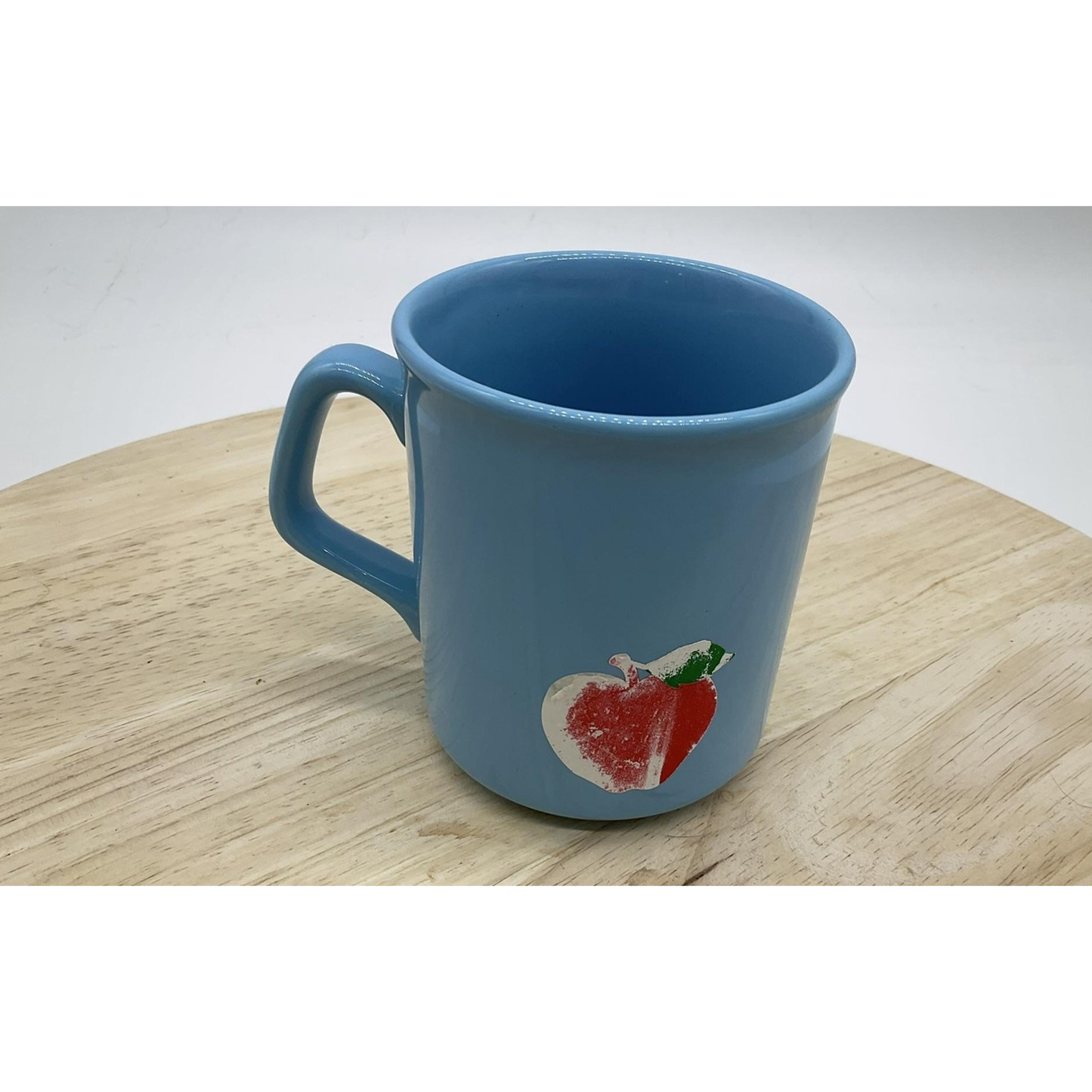 Blue Ceramic Coffee Mug Made in England Peach Graphic Cup Retro Kitchenware VTG