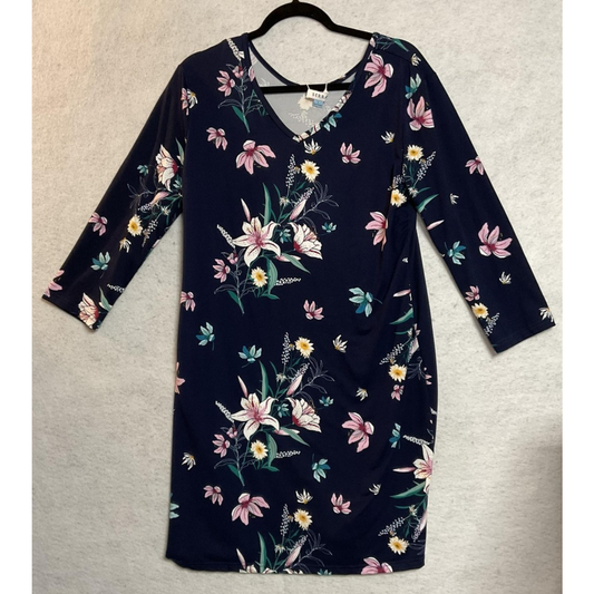 Serra Dress Womens Large Navy Blue Floral 3/4 Sleeve V Neck Shift Stretch Jersey