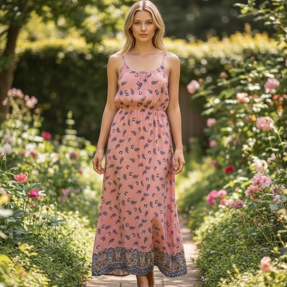J for Justify Maxi Dress Womens Large Pink Paisley Strappy T-Back Boho Summer