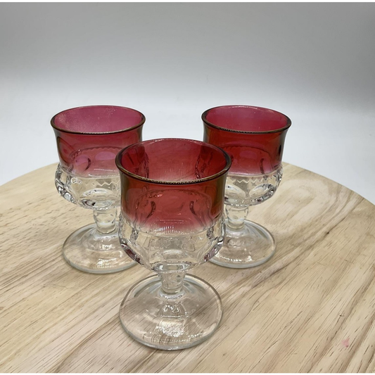 Vintage Ruby Flash Kings Crown Thumbprint Wine Cordial Glasses Set of 3 Goblets