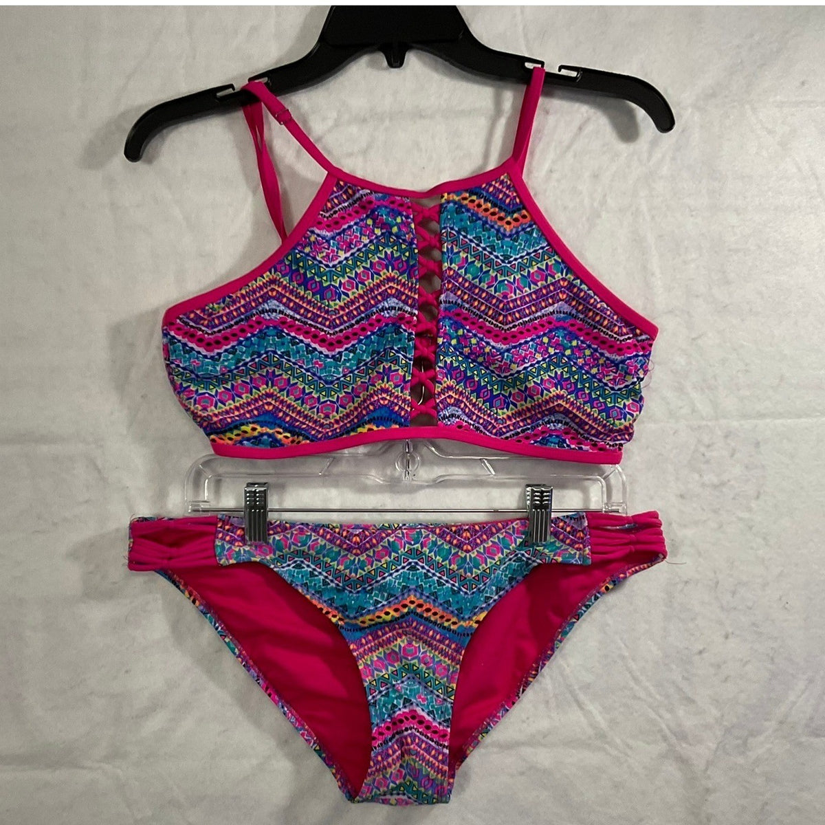 Coral Tropics Bikini Set Womens Large Pink Geometric Lattice Lace Up Swimwear
