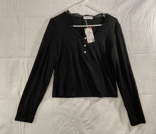 KOMEIANA T-Shirt Womens L Black Henley Long Sleeve Lace Trim Stretch Jersey