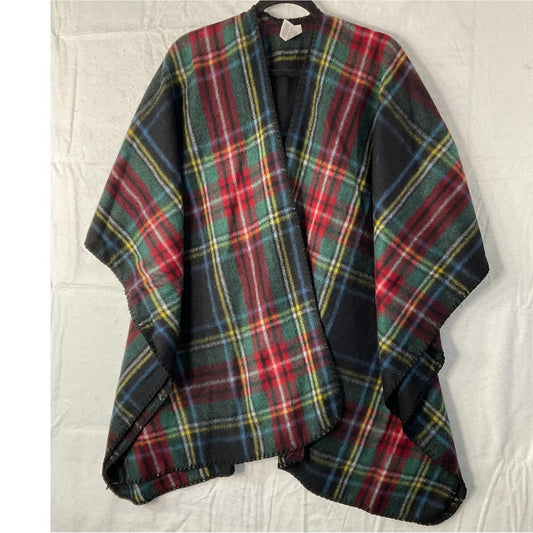 Woolrich Poncho Wrap Women One Size Black Multi Plaid Open Front Whipstitch Wrap