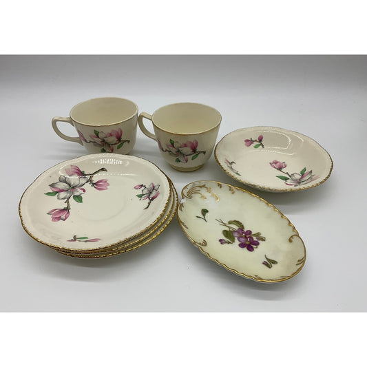 VTG Homer Laughlin Floral Porcelain Tea Set Cups Saucers Bowl Trinket Dish