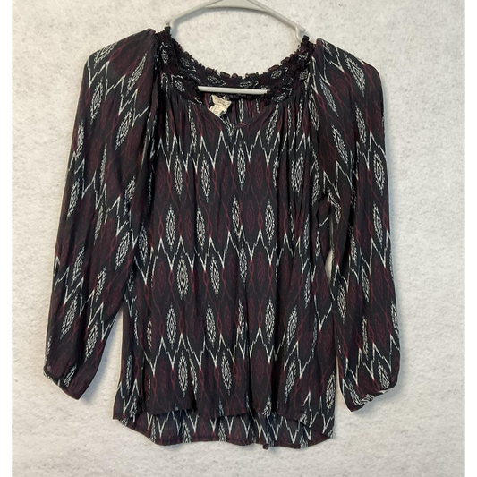 Forever 21 Blouse Womens Medium Black Red Ikat Print Boho Peasant Top 3/4 Sleeve