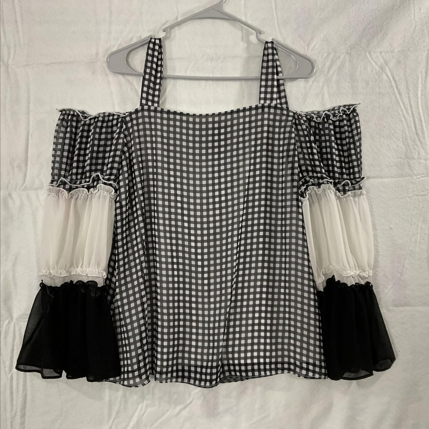 Coco Bianco Blouse Womens L Black White Gingham Off Shoulder Ruffle Bell Sleeve