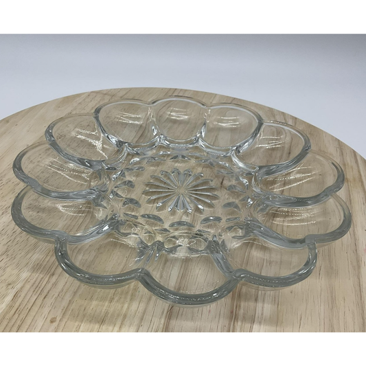 Vintage Glass Deviled Egg Tray 12 Egg Holder Clear Pressed Glass Platter 12 Inch