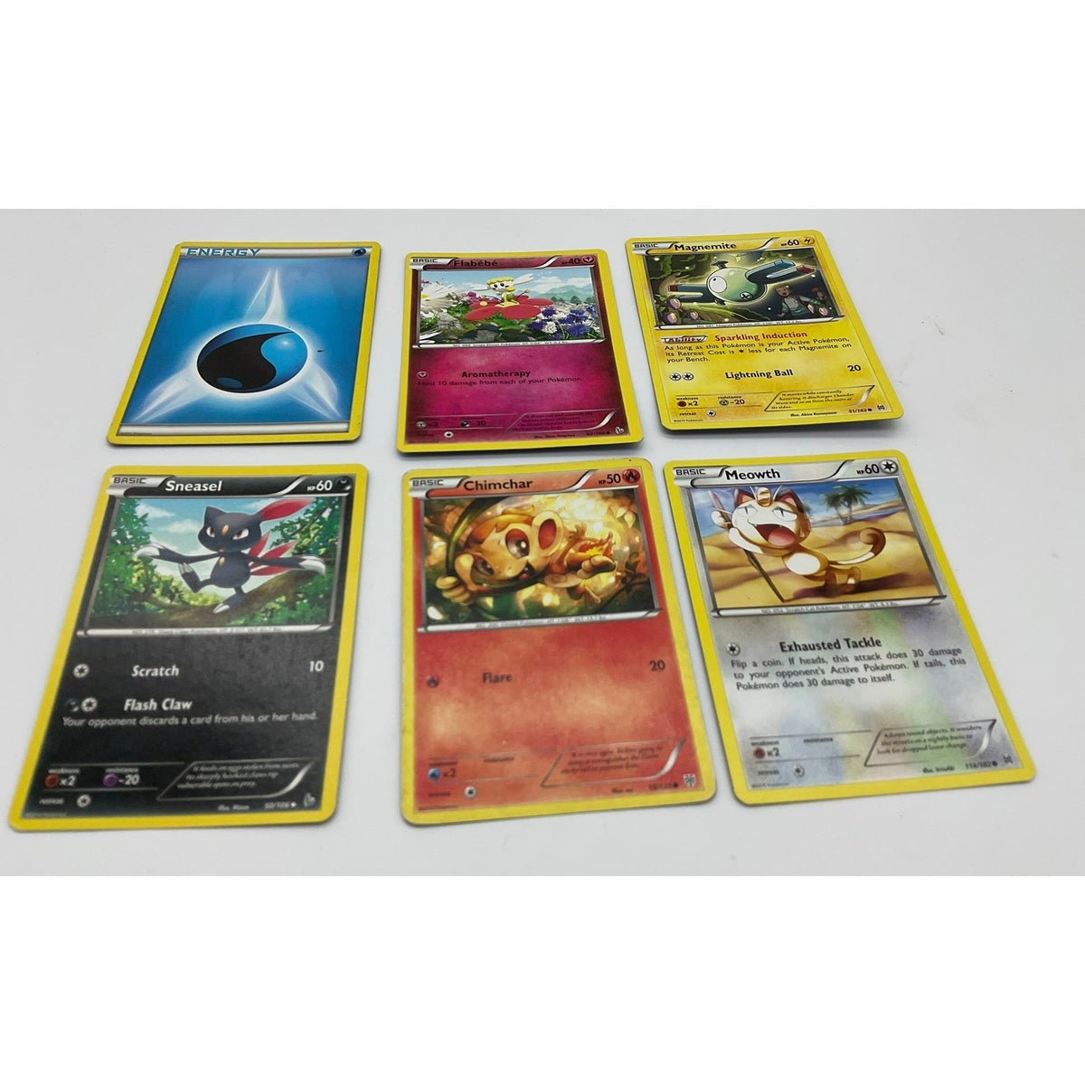 Pokemon TCG Card Lot 6pc Sneasel Chimchar Meowth Flabebe Magnemite Water Energy