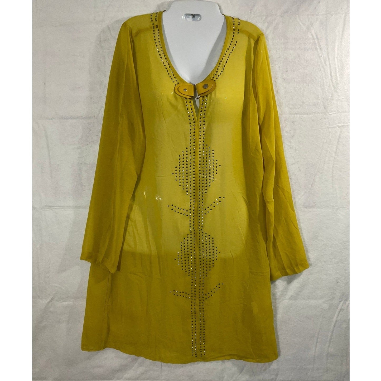 Monoreno Tunic Dress Women Medium Yellow Studded Chiffon Boho M7593