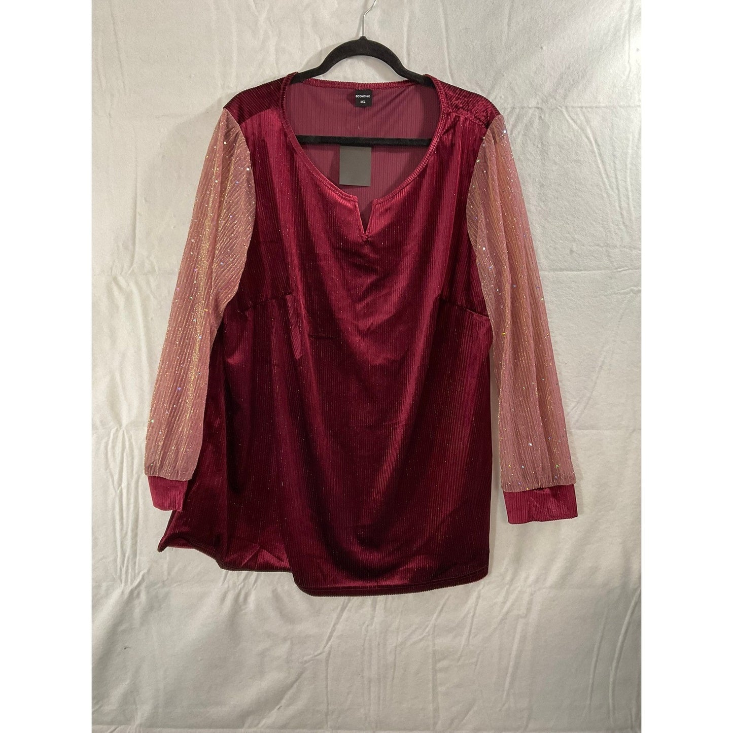 Scomchic Tunic Top Women 3XL Burgundy New NWT Sequin Mesh Sleeve Velvet Ribbed