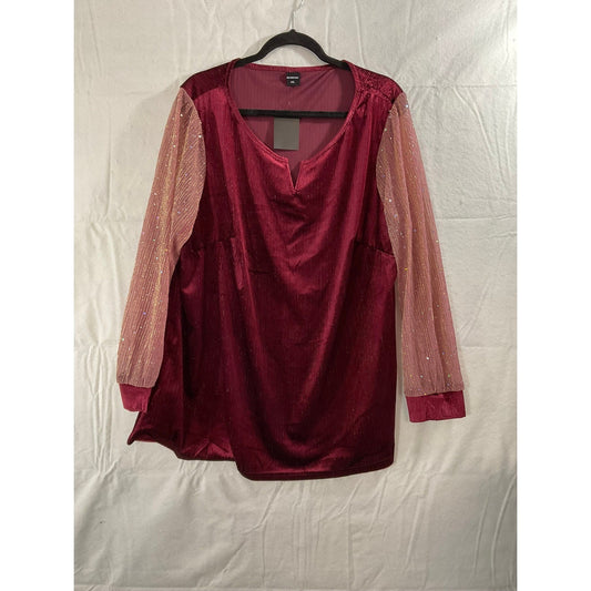 Scomchic Tunic Top Women 3XL Burgundy New NWT Sequin Mesh Sleeve Velvet Ribbed