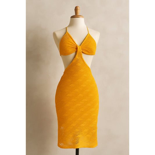 Vintage Women's Orange Crochet Cut-Out Midi Lined Dress Size M USA Made