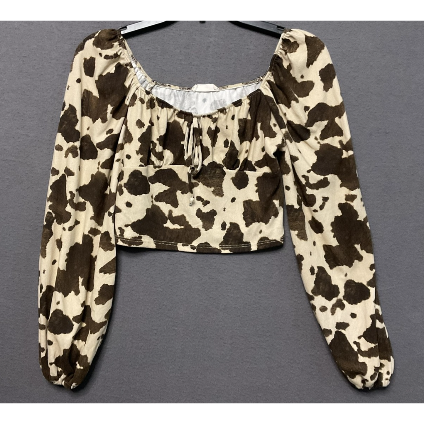 Altar’d States Crop Top Womens Small Brown Ivory Cow Print Long Sleeve Boho Y2K