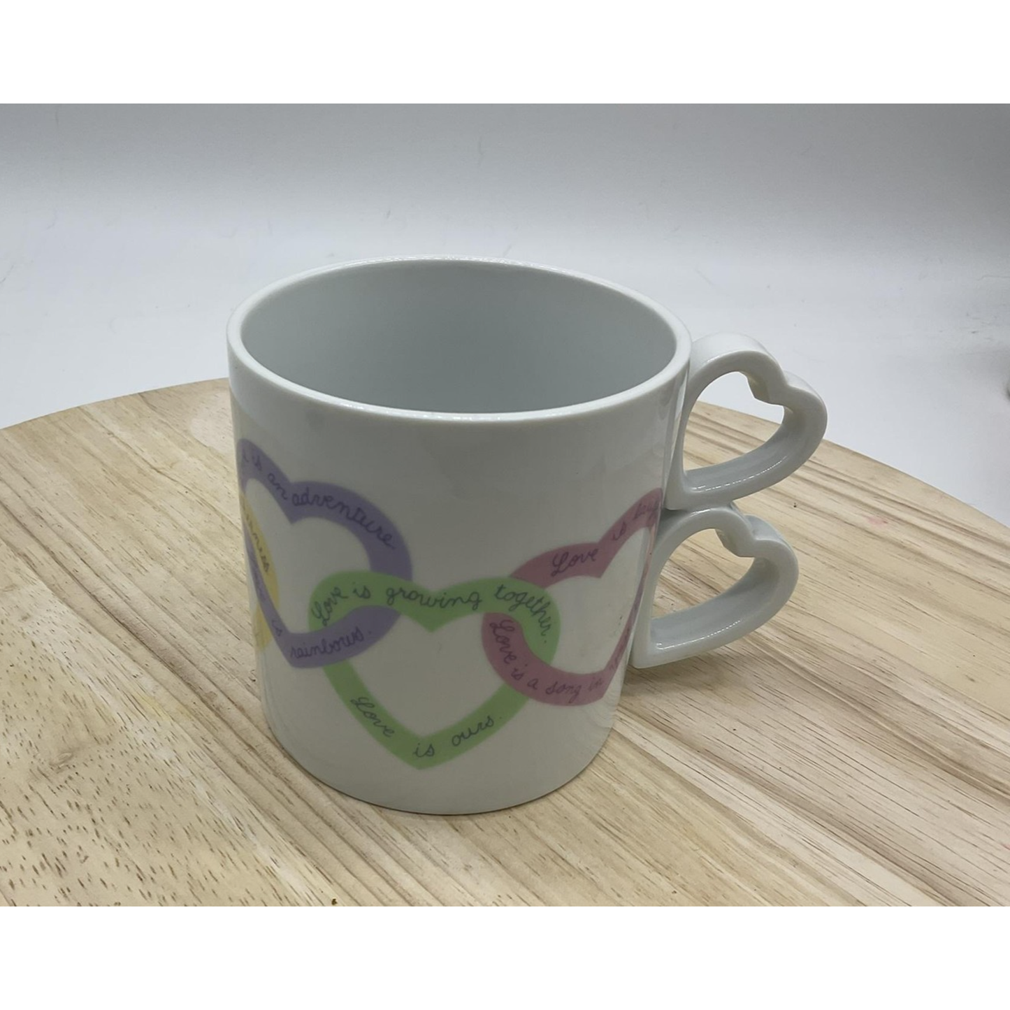Avon Heart Handle Coffee Mug Cup Double Heart White Pastel Love Words Ceramic