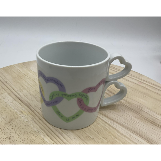 Avon Heart Handle Coffee Mug Cup Double Heart White Pastel Love Words Ceramic