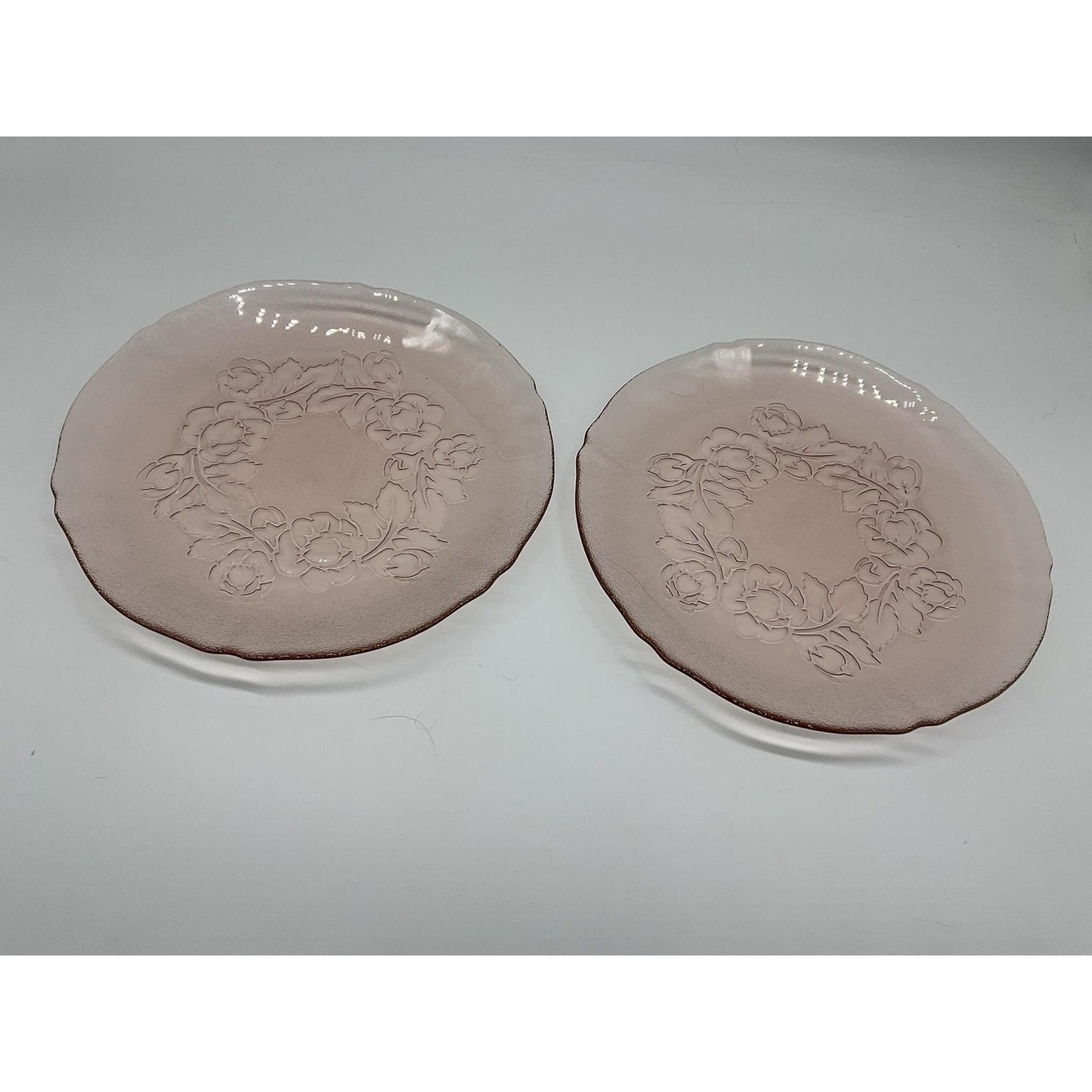 Vintage Pink Pressed Glass Luncheon Plates Set Of 2 Floral Art Deco Tableware