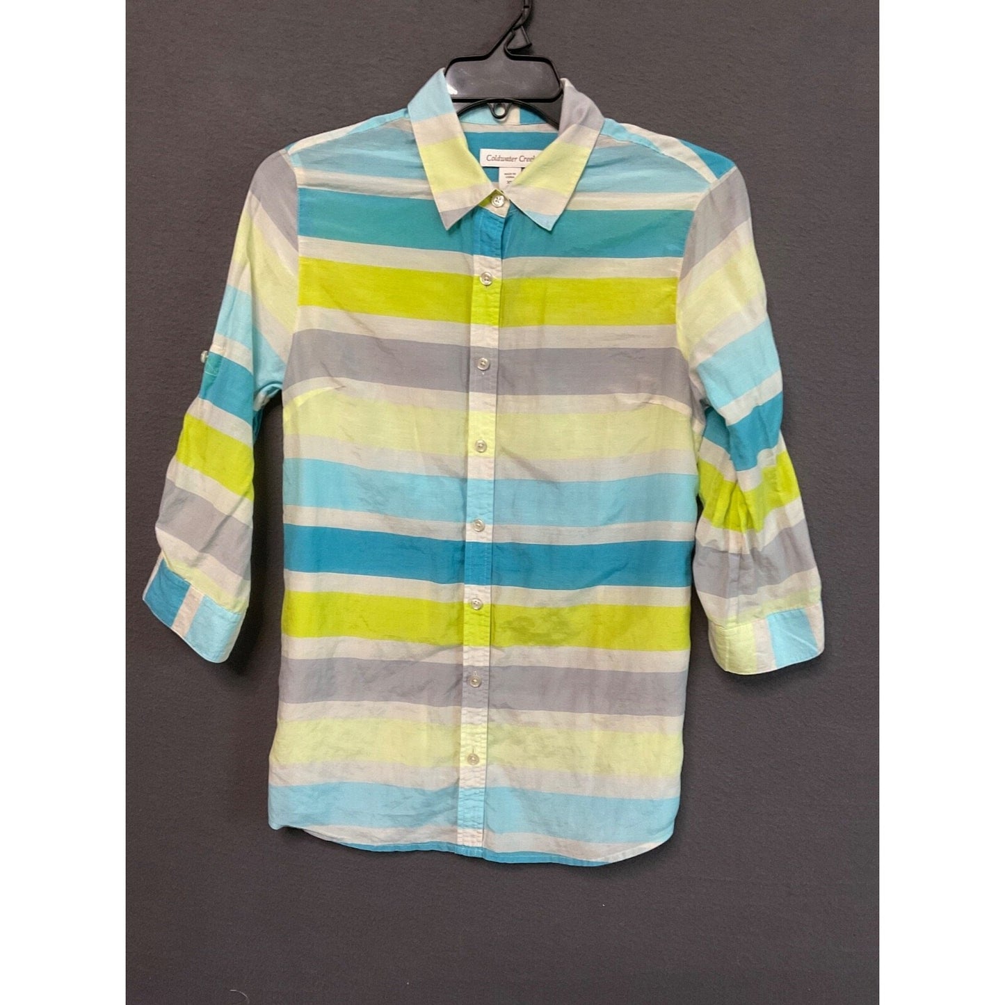 Coldwater Creek XS Button Shirt Striped Cotton Silk Blend 3/4 Sleeve Roll Tab