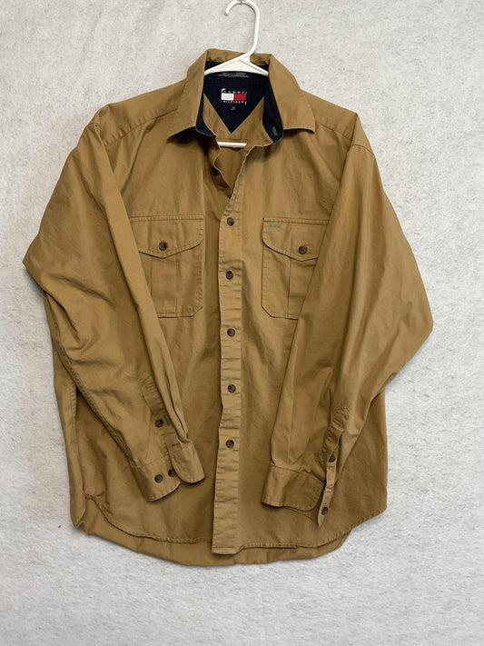 Tommy Hilfiger Shirt Mens Medium Brown Solid Long Sleeve Button Up Crest Casual