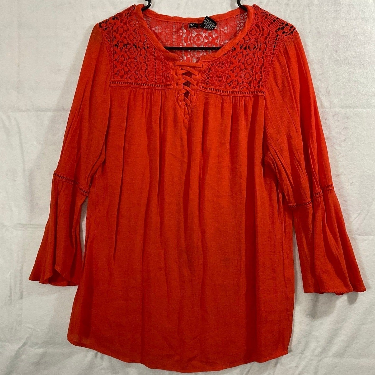 New Directions Blouse Womens Large Orange Crochet Lace Up Boho Peasant Top