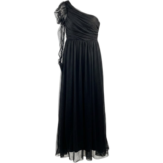 One Shoulder Evening Gown Women XL Black Tulle Ruched Formal Dress Romantic